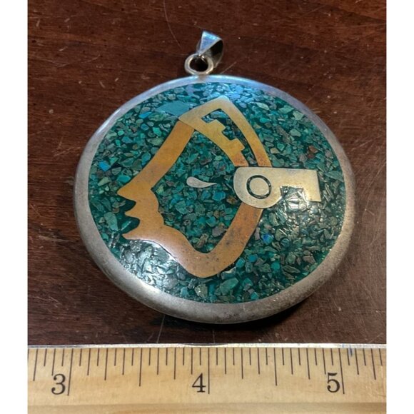 TURQUOISE TAXCO MEXICAN WARRIOR PENDANT WITH SILVER COPPER & BRASS INLAY 2.25"W - Picture 3 of 3